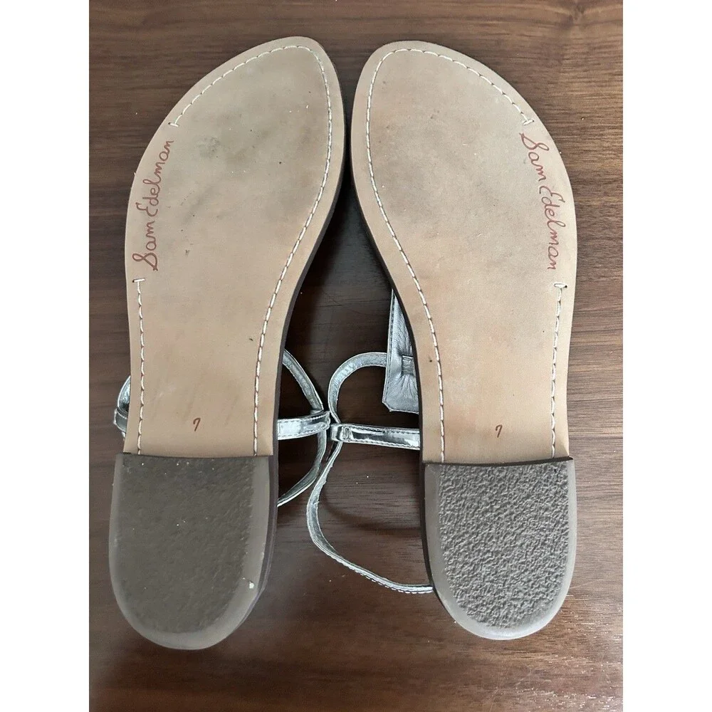 Sam Edelman Women’s Silver Leather Thong Flat Ankle Strap Buckle Sandals US 7
